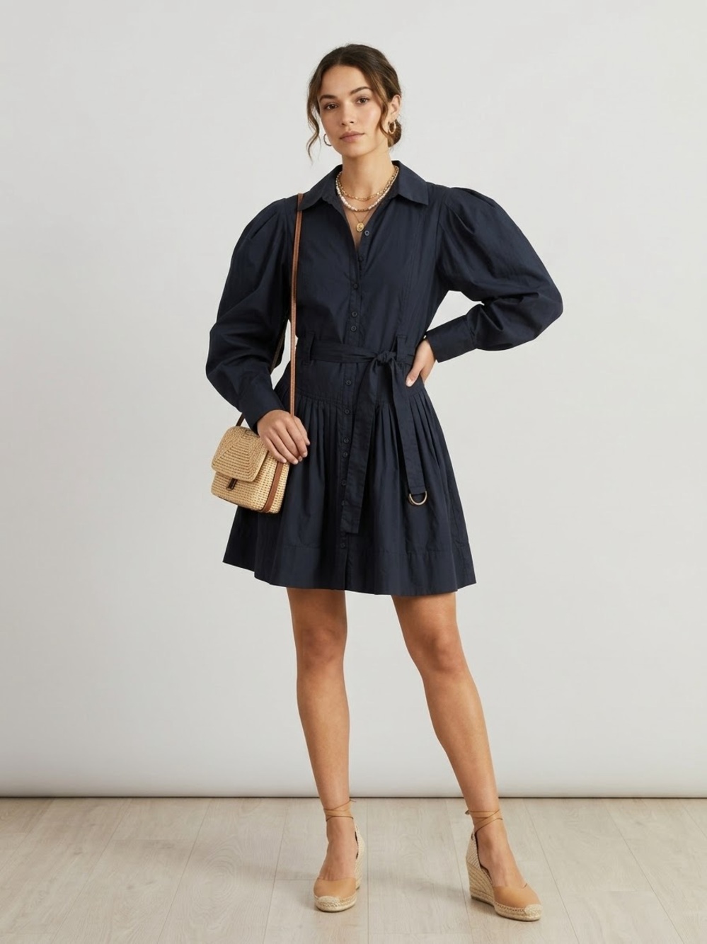 Ulla Johnson Black Vivenne Cotton Belted Shirt Dress Puff Sleeve Mini Sz 4